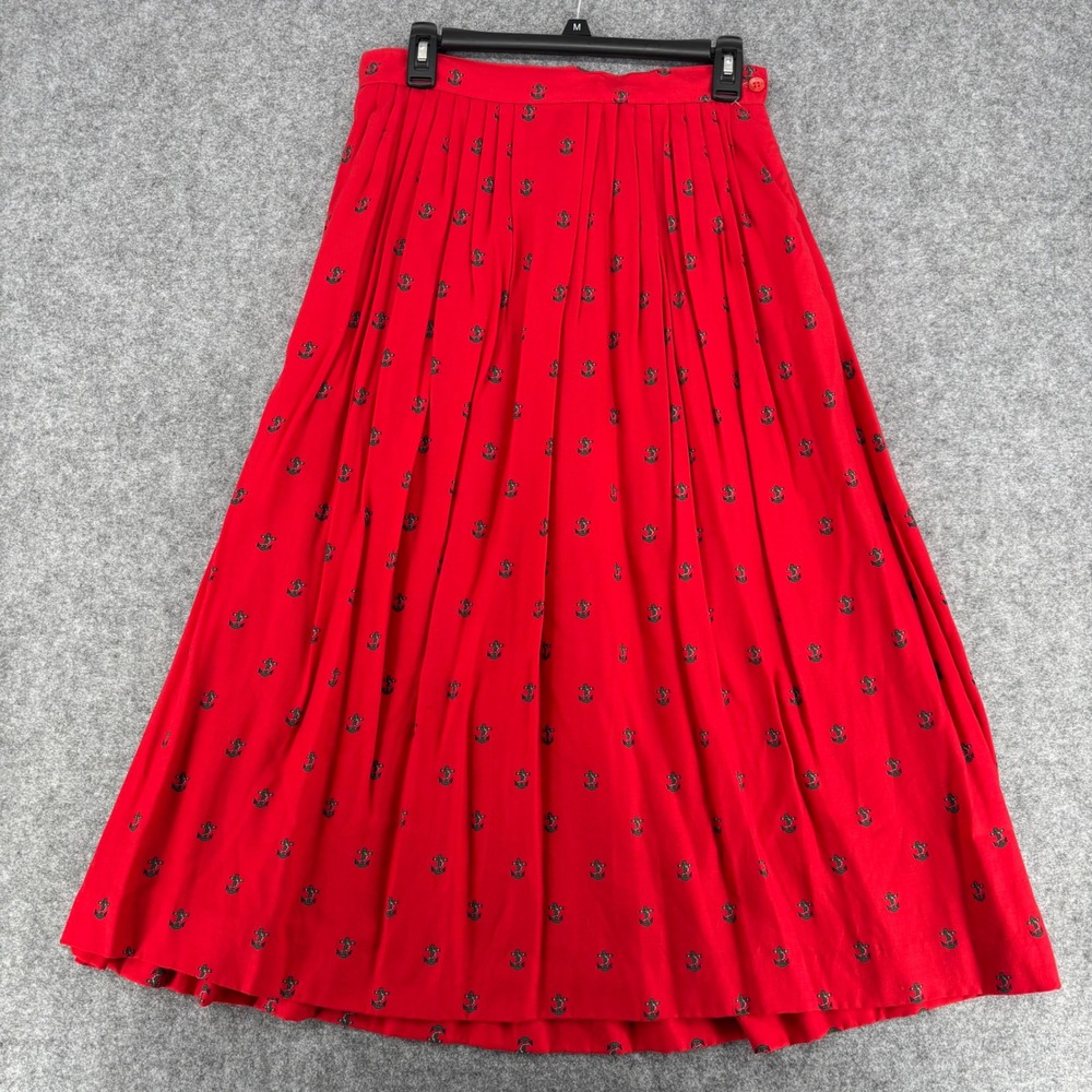 Skyr Sportswear Vintage Red Anchor Pleated Midi Skirt Made in USA Women BoHo